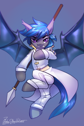 Size: 2000x3000 | Tagged: safe, artist:jedayskayvoker, oc, oc only, oc:nocturne star, species:bat pony, species:pony, g4, attack, bat pony oc, clothing, eyebrows, flying, full face view, gradient background, hoof hold, looking at you, male, signature, simple background, slit pupils, solo, spear, stallion, uniform, weapon