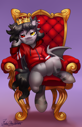Size: 1948x3000 | Tagged: safe, artist:jedayskayvoker, oc, oc only, oc:sir muncher, species:bat pony, species:pony, g4, bat pony oc, bat wings, chair, clothing, crown, ear piercing, eyebrows, eyebrows visible through hair, gradient background, head on hoof, heterochromia, hoodie, jewelry, looking at you, male, piercing, regalia, signature, simple background, sitting, solo, stallion, stripes, throne, wings