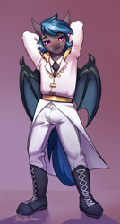 Size: 1604x3000 | Tagged: safe, artist:jedayskayvoker, patreon reward, oc, oc only, oc:nocturne star, species:anthro, species:bat pony, species:plantigrade anthro, g4, anthro oc, bat pony oc, bat wings, blushing, clothing, gradient background, hands on head, lidded eyes, looking at you, male, patreon, pose, signature, simple background, sketch, solo, stallion, sultry pose, uniform, wings