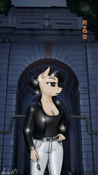 Size: 1400x2500 | Tagged: safe, alternate version, artist:apocheck13, oc, oc only, oc:elya, species:anthro, species:earth pony, species:pony, belt, breasts, cleavage, clothing, explicit source, eyebrows, eyelashes, female, jacket, mare, night, pants, ponytail, shiny, shirt, solo