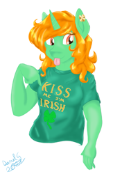Size: 725x1030 | Tagged: safe, artist:darnelg, derpibooru original, oc, oc only, oc:emerald isle, species:anthro, species:unicorn, blep, clothing, colored eyebrows, cute, eyebrows, female, kiss me i'm irish, looking at you, mare, ocbetes, red hair, signature, simple background, solo, sticking tongue out, tongue out, unicorn oc, white background