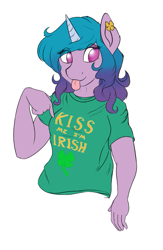 Size: 589x901 | Tagged: safe, alternate version, artist:darnelg, derpibooru original, character:izzy moonbow, species:anthro, species:unicorn, g5, blep, clothing, colored eyebrows, cute, eyebrows, female, gradient hair, izzybetes, kiss me i'm irish, looking at you, mare, multicolored hair, no pupils, signature, simple background, solo, sticking tongue out, tongue out, white background
