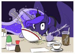 Size: 720x525 | Tagged: safe, artist:joieart, character:princess luna, species:alicorn, species:pony, g4, bomb ass noodles, caught, chopsticks, clothing, crown, cute, eating, female, glowing horn, hoof shoes, horn, jewelry, looking at you, lunabetes, magic, magic aura, majestic as fuck, mare, messy, messy eating, nom, noodles, ramen, regalia, shoes, slurping, solo, telekinesis