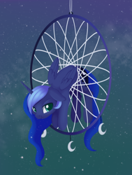 Size: 894x1182 | Tagged: safe, artist:dusthiel, character:princess luna, species:alicorn, species:pony, g4, :t, colored eyebrows, colored pupils, cute, dream walker luna, dreamcatcher, eyebrows, female, looking at you, luna is not amused, lunabetes, mare, missing accessory, night, night sky, scrunchy face, sky, solo, starry night, stars, stuck, three quarter view, unamused, wings
