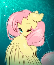 Size: 1111x1344 | Tagged: safe, artist:swaybat, character:fluttershy, species:pegasus, species:pony, g4, abstract background, cute, dawwww, ear fluff, female, floppy ears, fluffy, hiding behind wing, looking at you, mare, one eye closed, shyabetes, solo, wing fluff, wings