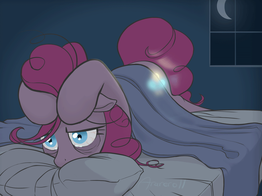 Size: 858x643 | Tagged: safe, artist:arareroll, character:pinkie pie, species:earth pony, species:pony, g4, animated, bags under eyes, bed, bloodshot eyes, booty call, crying, dark, female, floppy ears, glowing cutie mark, lying down, mare, night, prone, solo, that was fast, tired, wide eyes, window