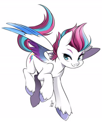 Size: 2696x3252 | Tagged: safe, artist:nekoshiei, character:zipp storm, species:pegasus, species:pony, g5, colored eyebrows, colored hooves, colored wings, eyebrows, female, high res, hooves, looking at you, mare, multicolored wings, simple background, smiling, smiling at you, solo, spread wings, three quarter view, unshorn fetlocks, white background, wings