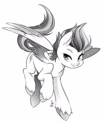 Size: 2696x3252 | Tagged: safe, alternate version, artist:nekoshiei, character:zipp storm, species:pegasus, species:pony, g5, eyebrows, female, grayscale, high res, looking at you, mare, monochrome, simple background, smiling, smiling at you, solo, spread wings, three quarter view, unshorn fetlocks, white background, wings