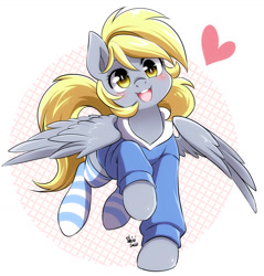 Size: 1400x1464 | Tagged: safe, artist:nekoshiei, character:derpy hooves, species:pegasus, species:pony, g4, blushing, clothing, colored pupils, cute, derpabetes, female, heart, hoodie, looking at you, mare, open mouth, open smile, raised hoof, signature, simple background, smiling, smiling at you, socks, solo, spread wings, striped socks, white background, wings