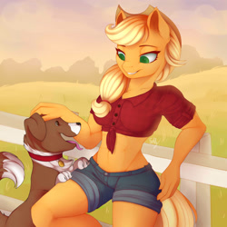 Size: 2000x2000 | Tagged: safe, artist:evehly, character:applejack, character:winona, species:anthro, species:dog, species:earth pony, g4, abs, belly button, clothing, collar, cowboy hat, cowgirl, daisy dukes, denim shorts, duo, duo female, eyebrows, female, fence, field, front knot midriff, grass, green eyes, happy, hat, leaning back, looking at each other, mare, midriff, muscles, no pupils, orange fur, shorts, signature, smiling, tail, three quarter view, tongue out