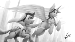 Size: 3840x2160 | Tagged: safe, artist:vandyart, oc, oc only, species:alicorn, species:earth pony, species:pony, g4, my little pony: the movie (2017), alicorn oc, armor, earth pony oc, eyebrows, flying, grayscale, medieval, monochrome, profile, raised hoof, signature, spread wings, three quarter view, wings
