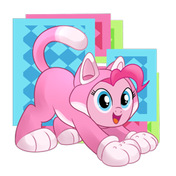 Size: 1500x1500 | Tagged: safe, artist:madmax, character:pinkie pie, g4, abstract background, bodysuit, cat, cat peach, catpony, catsuit, clothing, costume, crossover, cute, diapinkes, female, gloves, kitty suit, nintendo, original species, paw gloves, paws, pinkie cat, princess peach, solo, super mario 3d world, super mario bros., transparent background, video game
