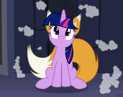 Size: 2404x1892 | Tagged: safe, artist:badumsquish, derpibooru original, character:twilight sparkle, character:twilight sparkle (alicorn), species:alicorn, species:fox, species:pony, g4, :<, castle of the royal pony sisters, confused, cursed, cute, female, fox ears, fox pony, fox tail, frown, hybrid, looking up, mare, monster pony, original species, possession, show accurate, sitting, smoke, solo, species swap, tail, tail wag, transformation, twiabetes