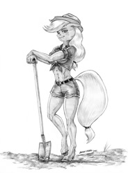 Size: 1000x1361 | Tagged: safe, artist:baron engel, character:applejack, species:anthro, species:earth pony, species:pony, species:unguligrade anthro, g4, abs, applejack's hat, applejacked, belly button, belt, black and white, clothing, cowboy hat, daisy dukes, denim shorts, female, freckles, front knot midriff, grayscale, hat, looking at you, mare, midriff, monochrome, muscles, pencil drawing, ponytail, shorts, shovel, simple background, solo, stetson, strategically covered, traditional art, white background