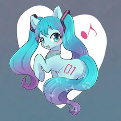 Size: 2000x2000 | Tagged: safe, artist:ayahana, species:earth pony, species:pony, anime, blushing, butt, cute, female, gradient background, gradient hair, hatsune miku, heart, high res, hooves, looking at you, looking back, mare, multicolored hair, music notes, open mouth, open smile, plot, ponified, raised hoof, simple background, smiling, solo, species swap, tail, underhoof, vocaloid