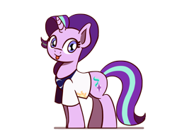 Size: 1800x1350 | Tagged: safe, artist:flutterluv, character:starlight glimmer, species:pony, species:unicorn, g4, blep, clothing, cute, female, glimmerbetes, looking at you, mare, princess celestia's cutie mark, princess luna's cutie mark, shirt, simple background, smiling, solo, t-shirt, three quarter view, tongue out, transparent background