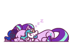Size: 1800x1350 | Tagged: safe, artist:flutterluv, character:princess celestia, character:princess luna, character:starlight glimmer, species:pony, species:unicorn, g4, celestia plushie, cute, eyes closed, female, glimmerbetes, luna plushie, lying down, mare, onomatopoeia, plushie, prone, simple background, sleeping, smiling, solo, sound effects, toy, transparent background, zzz