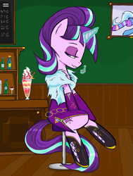 Size: 1143x1512 | Tagged: safe, artist:sallycars, character:starlight glimmer, species:pony, species:unicorn, g4, clothing, digital art, female, glowing horn, horn, magic, magic aura, mare, ms paint, parfait, profile, sitting, solo, telekinesis