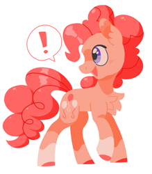 Size: 3500x4000 | Tagged: safe, artist:pastacrylic, character:pinkie pie, species:earth pony, species:pony, g4, g5, chest fluff, coat markings, colored hooves, cute, dialogue, diapinkes, ear fluff, exclamation point, female, g4 to g5, generation leap, hooves, mare, open mouth, open smile, profile, raised hoof, simple background, smiling, socks (coat marking), solo, speech bubble, text, white background