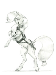 Size: 1000x1347 | Tagged: safe, artist:baron engel, character:applejack, species:earth pony, species:pony, g4, bipedal, black and white, cutie mark, explicit source, female, freckles, grayscale, harness, looking back, mare, missing accessory, monochrome, open mouth, pencil drawing, simple background, solo, tack, traditional art, white background