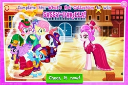 Size: 1036x687 | Tagged: safe, gameloft, character:fluttershy, character:pinkie pie, character:rainbow dash, character:rarity, character:twilight sparkle (alicorn), g4, clothing, dress, hat
