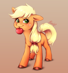 Size: 1809x1923 | Tagged: safe, artist:buttersprinkle, character:applejack, species:earth pony, species:pony, g4, apple, blushing, colored hooves, cute, ear down, eyebrows, female, food, freckles, gradient background, hatless, holding, hooves, jackabetes, looking at you, mare, missing accessory, mouth hold, one ear down, signature, simple background, smiling, solo, that pony sure does love apples