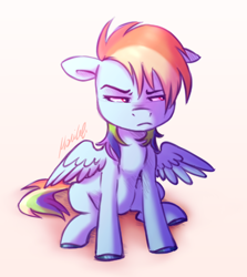 Size: 1568x1760 | Tagged: safe, artist:buttersprinkle, character:rainbow dash, species:pegasus, species:pony, g4, colored hooves, eyebrows, female, floppy ears, full face view, grumpy, hooves, looking away, mare, rainbow dash is not amused, signature, simple background, sitting, solo, spread wings, unamused, wings