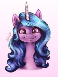 Size: 1224x1610 | Tagged: safe, artist:buttersprinkle, character:izzy moonbow, species:pony, species:unicorn, g5, my little pony: a new generation, bust, colored eyebrows, cute, eyebrows, female, full face view, gradient background, gradient hair, izzybetes, looking at you, mare, multicolored hair, signature, simple background, smiling, smiling at you, solo
