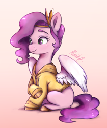 Size: 2322x2763 | Tagged: safe, artist:buttersprinkle, character:pipp petals, species:pegasus, species:pony, g5, my little pony: a new generation, adorapipp, clothing, colored eyebrows, colored hooves, cute, eyebrows, eyelashes, feathered wings, female, gradient background, hoodie, hooves, mare, partially open wings, pipp wings, signature, simple background, sitting, smiling, solo, three quarter view, wings