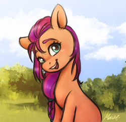 Size: 1761x1696 | Tagged: safe, artist:buttersprinkle, character:sunny starscout, species:earth pony, species:pony, g5, my little pony: a new generation, braid, colored eyebrows, cute, eyebrows, female, head tilt, looking at you, mare, open mouth, open smile, signature, smiling, solo, sunnybetes, three quarter view