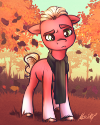 Size: 1440x1791 | Tagged: safe, artist:buttersprinkle, character:sprout, species:earth pony, species:pony, g5, my little pony: a new generation, autumn, clothing, coat markings, colored eyebrows, colored hooves, cute, eyebrows, floppy ears, frown, full face view, hooves, leaves, male, scarf, signature, socks (coat marking), solo, stallion, tree, unshorn fetlocks