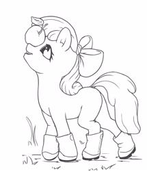 Size: 2195x2552 | Tagged: safe, artist:stratodraw, character:apple bloom, species:earth pony, species:pony, g4, adorabloom, apple, apple family member, boots, clothing, cute, female, filly, food, high res, monochrome, ponies balancing stuff on their nose, profile, shoes, simple background, solo, white background, young