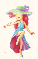 Size: 396x604 | Tagged: safe, artist:stratodraw, derpibooru original, character:apple bloom, species:anthro, species:earth pony, species:unguligrade anthro, g4, adorabloom, apple family member, clothing, colored hooves, cute, dress, female, hat, hooves, mare, older, older apple bloom, profile, signature, simple background, smiling, solo, sun hat, yellow background
