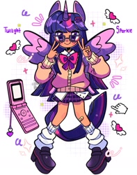 Size: 1485x1884 | Tagged: safe, artist:jack0ran, character:twilight sparkle, species:human, g4, backpack, bandage, bandaid, barrette, bow tie, clothing, cursor, cute, dark skin, eared humanization, female, flip phone, glasses, heart, horn, horned humanization, humanized, looking at you, pleated skirt, simple background, skirt, socks, solo, species swap, sweater, twiabetes, white background, winged humanization, wings