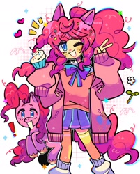 Size: 1563x1944 | Tagged: safe, artist:jack0ran, character:pinkie pie, species:earth pony, species:human, species:pony, g4, bow tie, candy, clothing, colored pupils, cupcake, cute, diapinkes, eared humanization, exclamation point, female, food, heart, human ponidox, humanized, lollipop, mare, one eye closed, oversized clothes, peace sign, pleated skirt, ponidox, self paradox, self ponidox, simple background, skirt, smiling, species swap, stars, tail, tailed humanization, white background, wink