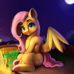 Size: 4000x4000 | Tagged: safe, artist:miokomata, character:fluttershy, species:pegasus, species:pony, g4, absurd resolution, campfire, chest fluff, colored hooves, cute, eyebrows, female, fire, freckles, freckleshy, full moon, hooves, looking at you, mare, moon, night, outdoors, shyabetes, sitting, solo, spread wings, underhoof, wings