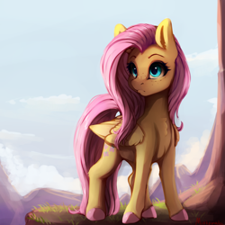 Size: 5000x5000 | Tagged: safe, artist:miokomata, character:fluttershy, species:pegasus, species:pony, g4, absurd resolution, chest fluff, cliff, colored eyebrows, colored hooves, cute, eyebrows, female, folded wings, freckles, freckleshy, frown, head turned, hooves, mare, outdoors, shyabetes, solo, standing, three quarter view, wings