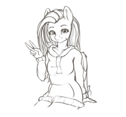 Size: 815x753 | Tagged: safe, artist:miokomata, character:fluttershy, species:anthro, species:pegasus, species:pony, g4, clothing, cute, eyebrows, female, freckles, freckleshy, grayscale, hoodie, looking at you, mare, monochrome, peace sign, shyabetes, simple background, sketch, smiling, smiling at you, solo, three quarter view, white background, wings, wip