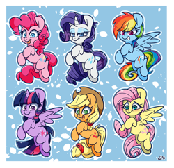 Size: 2500x2420 | Tagged: safe, artist:lou, character:applejack, character:fluttershy, character:pinkie pie, character:rainbow dash, character:rarity, character:twilight sparkle, species:alicorn, species:earth pony, species:pegasus, species:pony, species:unicorn, g4, abstract background, chibi, eye clipping through hair, female, lidded eyes, mane six, mare, open mouth, signature, smiling, spread wings, three quarter view, tongue out, wings