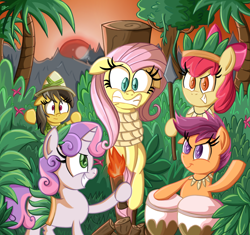 Size: 1200x1128 | Tagged: safe, artist:daniel-sg, character:apple bloom, character:daring do, character:fluttershy, character:scootaloo, character:sweetie belle, species:earth pony, species:pegasus, species:pony, species:unicorn, g4, apple family member, barbarian, bondage, bongos, burning at the stake, clothing, colored pupils, cutie mark crusaders, death, drums, execution, female, flutterbuse, full face view, grass skirt, jungle, leaf skirt, lord of the flies, mare, miniskirt, murder, musical instrument, outdoors, peril, profile, sacrifice, skirt, spear, stake, three quarter view, torch, unsexy bondage, weapon