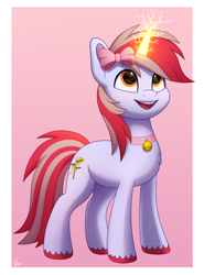 Size: 1480x2000 | Tagged: safe, artist:luminousdazzle, oc, oc only, oc:cinnamon lightning, species:pony, species:unicorn, g4, bell, bell collar, bow, collar, colored hooves, commission, cutie mark, excited, glowing horn, hair bow, hooves, horn, lightning, looking up, magic, male, simple background, smiling, solo, stallion, three quarter view, unicorn oc, unshorn fetlocks