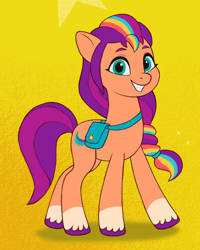 Size: 600x750 | Tagged: safe, artist:luminousdazzle, character:sunny starscout, species:earth pony, species:pony, g5, my little pony: a new generation, my little pony: tell your tale, alternate design, bag, coat markings, colored eyebrows, colored hooves, eyebrows, female, grin, hooves, looking at you, mare, multicolored hair, rainbow hair, redesign, redraw, saddle bag, satchel, smiling, smiling at you, socks (coat marking), solo, three quarter view, unshorn fetlocks