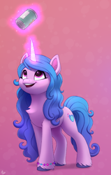 Size: 700x1100 | Tagged: safe, artist:luminousdazzle, character:izzy moonbow, species:pony, species:unicorn, g5, my little pony: a new generation, beans, bracelet, chest fluff, colored hooves, curly mane, cutie mark, female, food, full body, glowing, glowing horn, gradient background, gradient hair, hooves, horn, izzy's beans, jewelry, levitation, looking up, magenta eyes, magic, magic aura, mare, multicolored hair, open mouth, open smile, shading, signature, smiling, solo, standing, telekinesis, three quarter view, unshorn fetlocks
