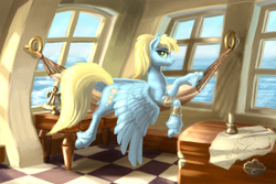 Size: 2400x1600 | Tagged: safe, artist:kirillk, oc, oc only, unnamed oc, species:pegasus, species:pony, g4, boat, candle, cute, eyebrows, female, hammock, looking at you, lying down, map, mare, ocbetes, ocean, pegasus oc, profile, solo, unshorn fetlocks, water, wings