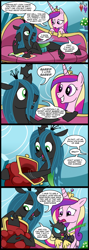 Size: 784x2200 | Tagged: safe, artist:madmax, character:princess cadance, character:queen chrysalis, species:alicorn, species:changeling, species:pony, g4, alien, bag, changeling larva, comic, couch, dialogue, female, hilarious in hindsight, junior, larva, lying down, mare, mommy chrissy, mother, open mouth, profile, purse, speech bubble, text, three quarter view