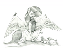 Size: 1400x1078 | Tagged: safe, artist:baron engel, character:fluttershy, species:bird, species:pegasus, species:pony, species:rabbit, g4, black and white, cardinal, clothing, earmuffs, explicit source, featureless crotch, female, grayscale, hat, mare, monochrome, pencil drawing, quail, raised hoof, scarf, simple background, sitting, solo, spread legs, spread wings, squirrel, traditional art, vest, visible breath, white background, wings, winter wrap up vest