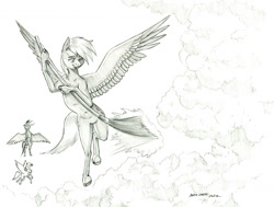 Size: 1400x1059 | Tagged: safe, artist:baron engel, character:derpy hooves, species:pegasus, species:pony, g4, belly button, both cutie marks, broom, cloud, cutie mark, derpy being derpy, eyebrows, female, flying, hoof hold, mare, pencil drawing, signature, solo focus, spread wings, sweeping, tongue out, traditional art, wings