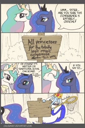 Size: 866x1299 | Tagged: safe, artist:chloenart, character:princess celestia, character:princess luna, species:alicorn, species:human, species:pony, g4, adventure time, clothing, comic, crossover, crown, dialogue, digital art, female, hoof shoes, ice king, ink drawing, jewelry, mare, net, profile, raised hoof, regalia, shoes, sign, speech bubble, text, traditional art