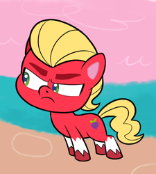 Size: 423x471 | Tagged: safe, artist:malarkey, derpibooru original, edit, character:sprout, species:earth pony, species:pony, g5, my little pony: a new generation, my little pony:pony life, angry, chibi, coat markings, colored eyebrows, colored hooves, eyebrows, g5 to g4.5, hooves, i can't believe it's not hasbro studios, male, socks (coat marking), solo, stallion, trace, unshorn fetlocks