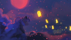 Size: 1920x1080 | Tagged: safe, artist:hierozaki, character:princess luna, species:alicorn, species:pony, g4, blood moon, clothing, ethereal mane, female, hoof shoes, lantern, mare, moon, night, paper lantern, profile, raised hoof, scenery, shoes, solo, spread wings, wings